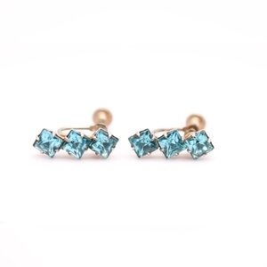 Aqua Blue Rhinestone Drop Earrings Screw Back Dangle Silver Tone Statement